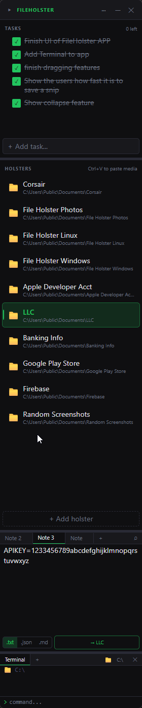 FileHolster app panel in action - scrolling through tasks, folders, notes, and terminal